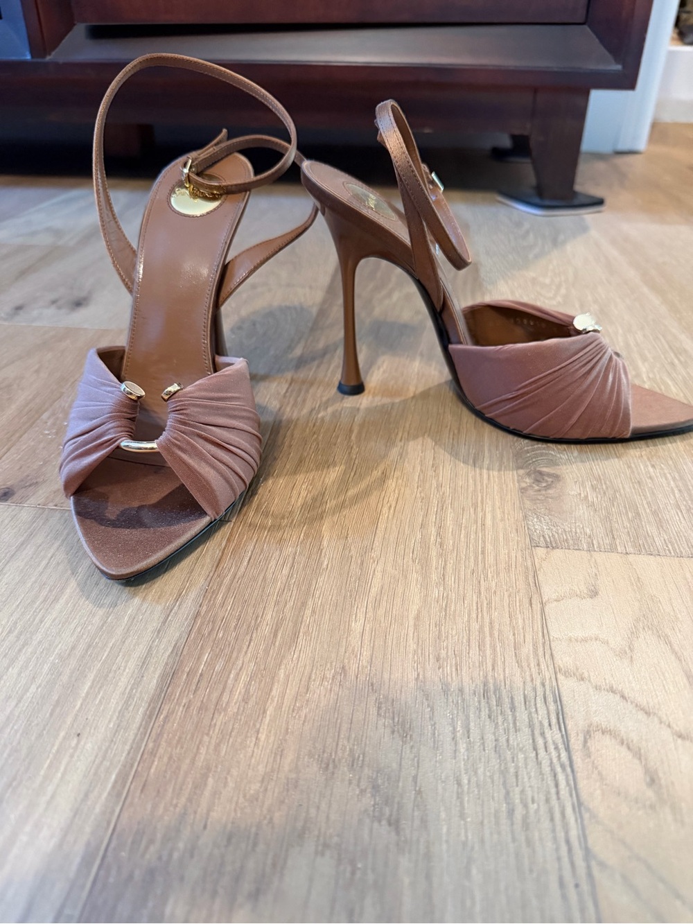 Saint Laurent Lola Brown High Heel Slingback Sandals with Knotted Accent